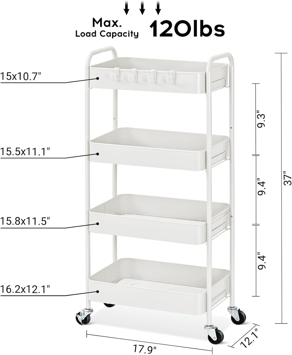 4-Tier Metal Rolling Cart with Wheels, Storage Utility Organizer Cart for Kitchen, Bathroom, Office, Baby Essentials & Makeup - Lockable Casters, Easy Assembly, Large Capacity, White