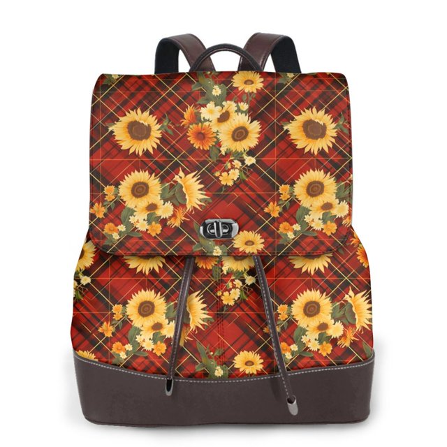 Balery Red Plaid Sunflower Mochila de Cuero para Mujeres, Gran Capacidad, Bolsa de Viaje Multifuncional, Mochila de Cuero y Bolsa de Hombro para Mujeres