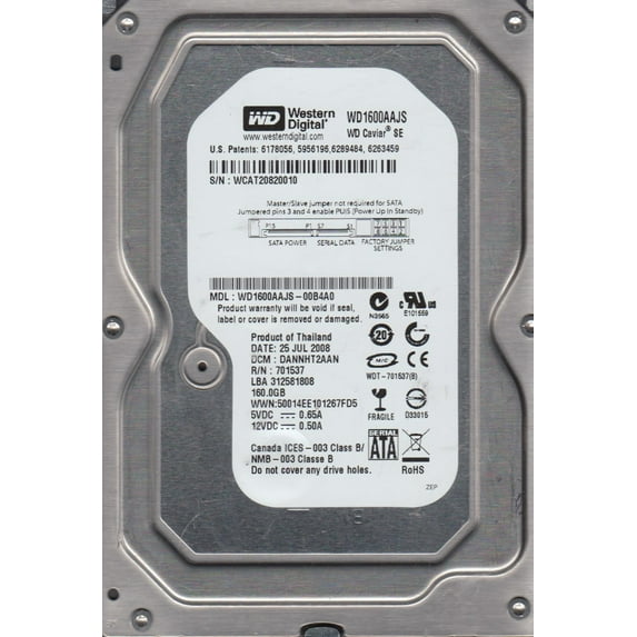WD1600AAJS-00B4A0, DCM DANNHT2AAN, Western Digital 160GB SATA 3.5 Hard Drive