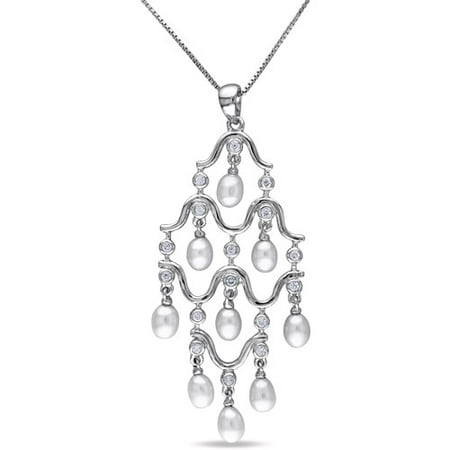 4-4.5mm White Rice Cultured Freshwater Pearl and 1/2 Carat T.G.W CZ Sterling Silver Chandelier Pendant, 17