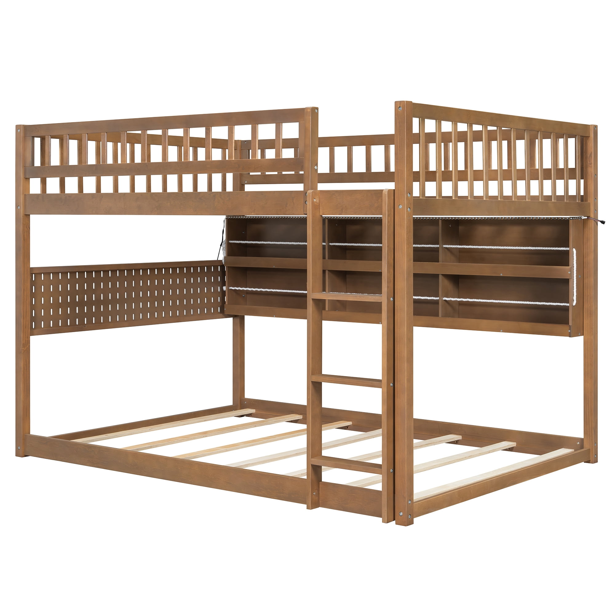 Full over Full Wood Bunk Bed with Integrated Side Storage Shelves and Pegboard, Solid Wood Bunk Bed Frame with Color-Changing Lights and Safety Guardrails for Teens, Adults, Guests