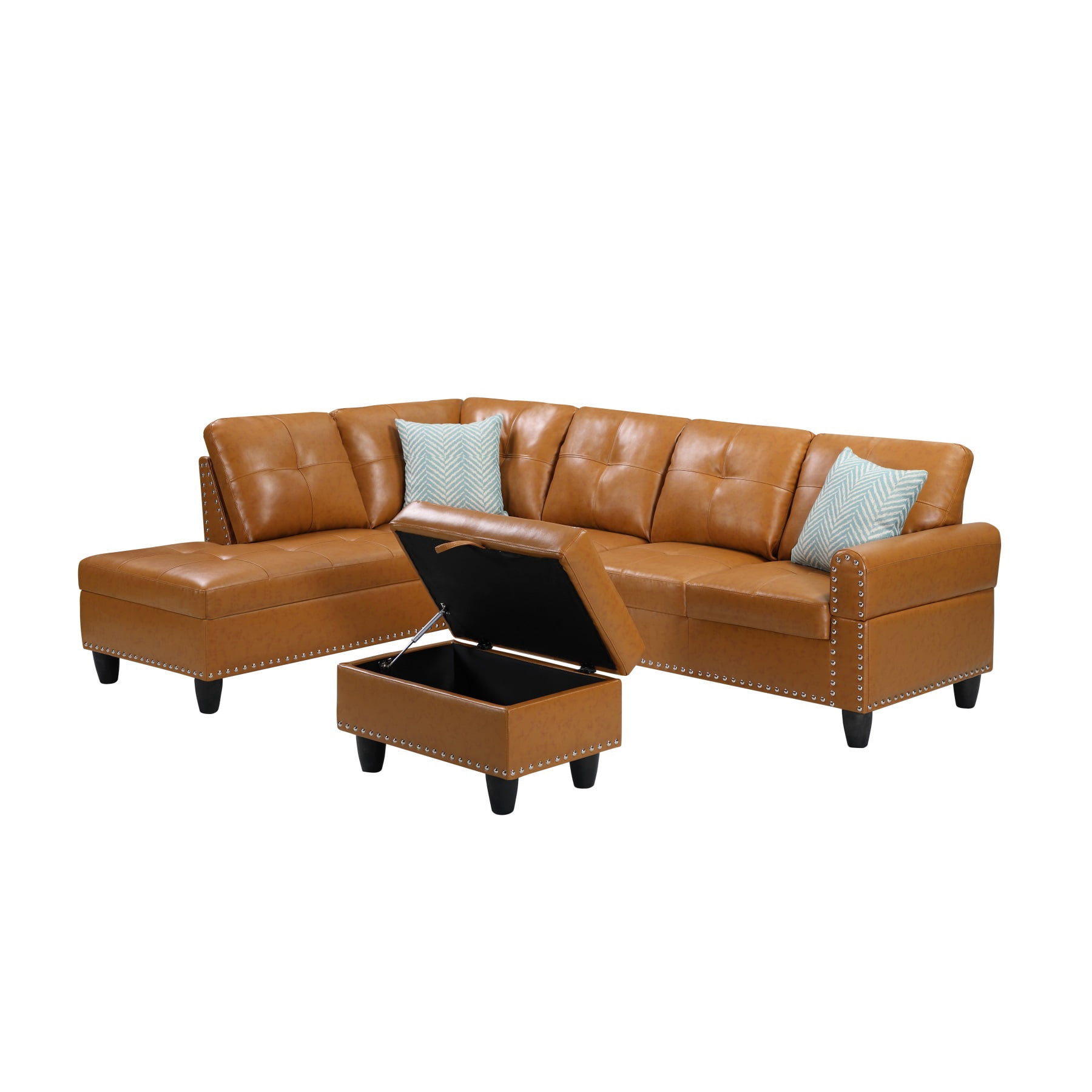 Hommoo L-Shaped Upholstered Sectional Sofa Couch with Storage & Cup Holders, Faux Leather Living Room Sofa Set, With Ottoman, Ginger