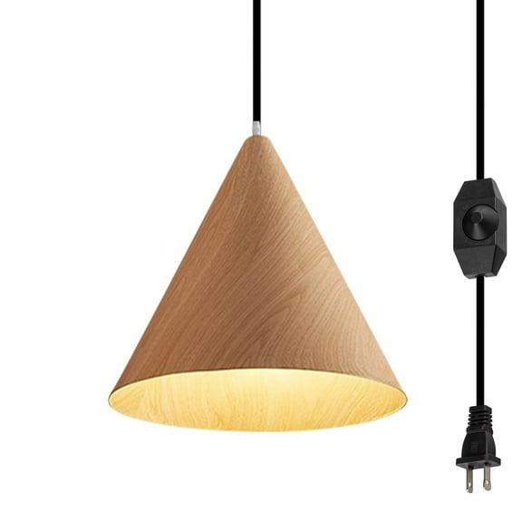 Kiven Plug in Pendant Light Equipped with Dimmable Lighting Cord(15ft),Vintage Pendant Light Fixture Wood Shade Hanging Mounted Pendant Light for Kitchen,Bulb Not Included-1 Pack