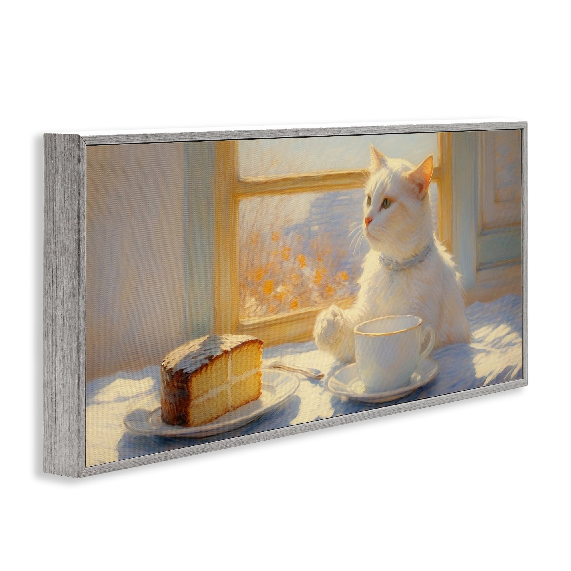 Stupell Industries Sunlit Tea Party Cat Gray Framed Giclee Art, design by Angie Hawke