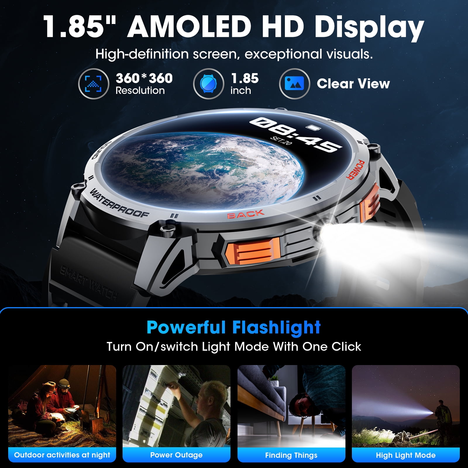 Mingdaln Military Smart Watch for Men, 55MM AMOLED Display，with 110+Sports Modes/IP68 waterproof，fits for Android and iPhone Devices (Black)