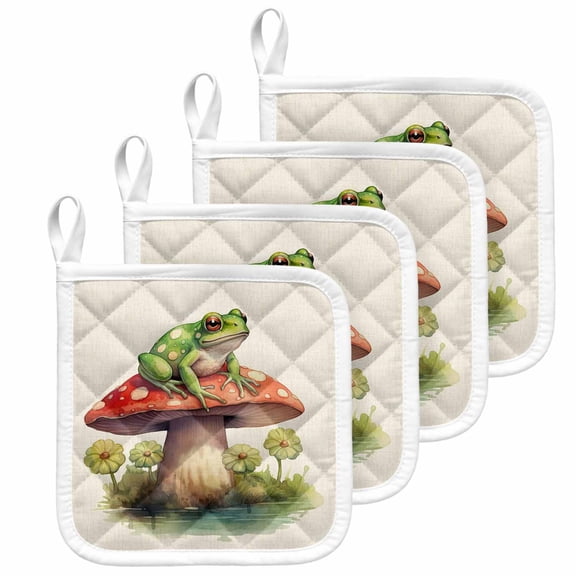 Mushroom Frogs Pot Holders for Kitchen Heatproof Potholder, 4 Pack Spring Floral Green Botanical Rustic Hot Pads Multipurpose Oven Pads Cloth Potholders Trivet for Cooking and Baking