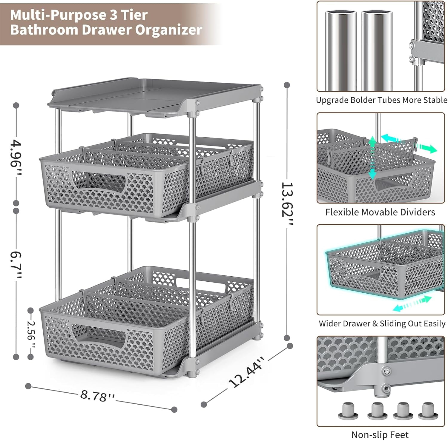 TAIMASI Pull-Out 3 Tier Bathroom Organizers and Storage, Under Sink Organizer, Kitchen Cabinet Organizer Gray, 2 (Count)