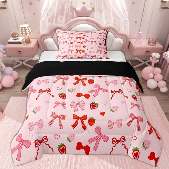 Erosebridal Girly Pink Ribbon Twin Comforter Sets, Cartoon Strawberry Bedding Set, 2pcs
