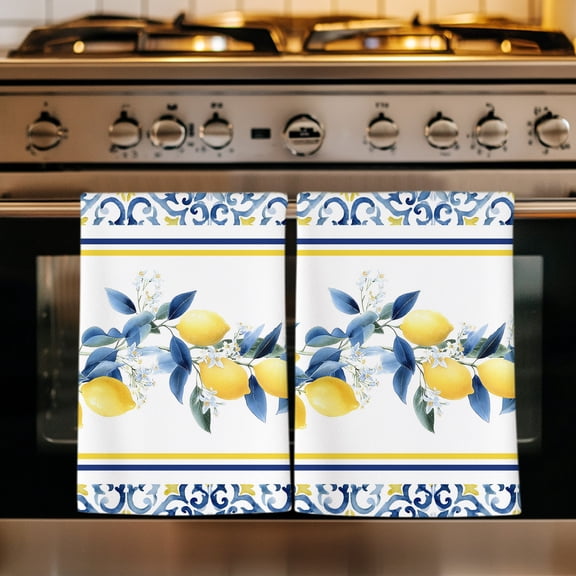 Yellow Lemon Kitchen Towels Set of 4, Summer Fruits Botanical Floral Pattern Blue Absorbent Dish Towels for Kitchen, Microfiber Hand Towel, Quick Drying Tea Towel for Cleaning Decorative Dishcloths