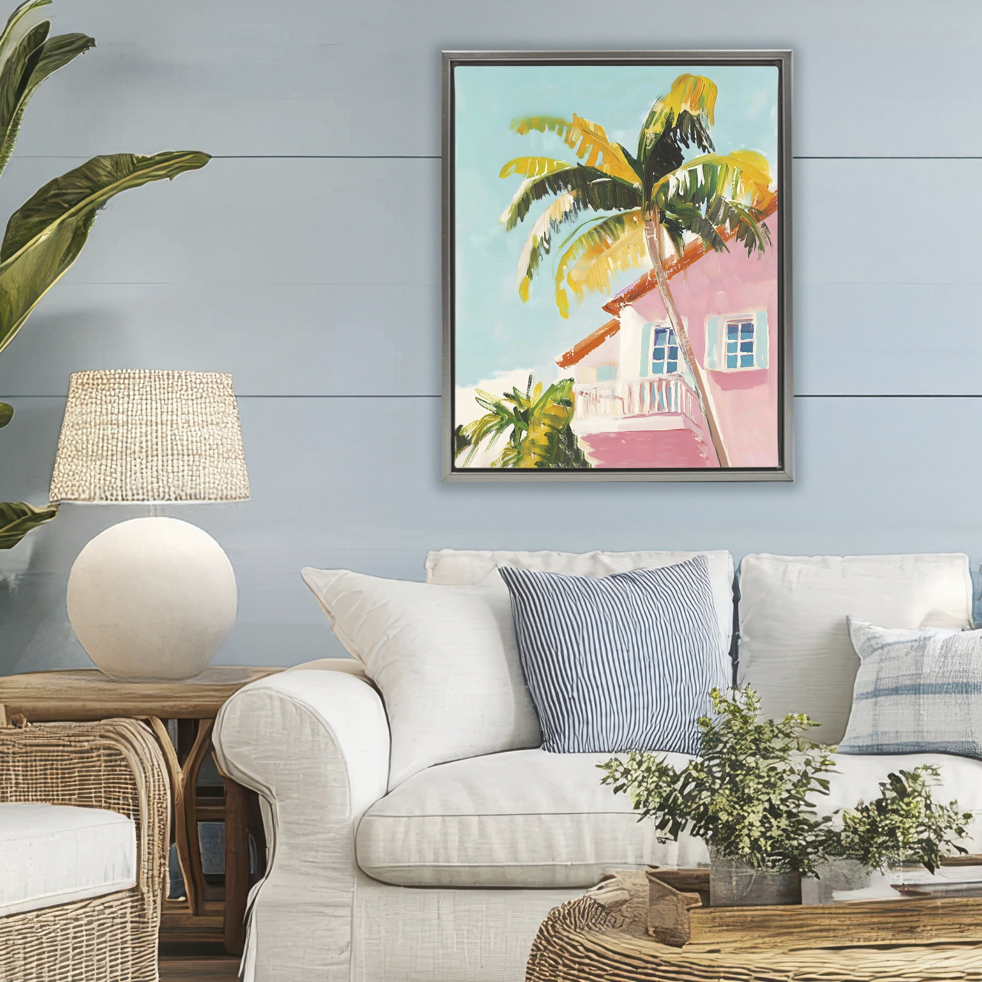 Stupell Industries Pink House Palm Tree Gray Framed Floater Canvas Wall Art, design by The Prints Vibe