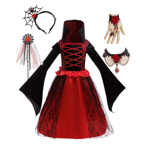 BFHHYA Girls Halloween Clothes 4 Piece Set Medieval Lace Mesh Long Sleeve Dress with Magic Wand, Headband, Bracelet and Necklace Kids Witch Outfits for Hoilday Party Wear