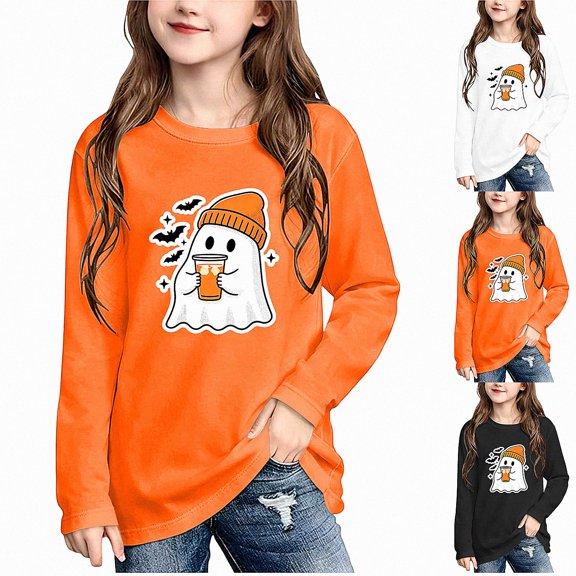 WAVSUF Girls Halloween Sweatshirts, Crew Neck Loose Fit Long Sleeve Winter Festive Casual Pullover Orange 7-8