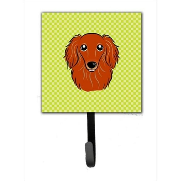 Checkerboard Lime Green Longhair Red Dachshund Leash Or Key Holder, 4.25 W x 7 H In.