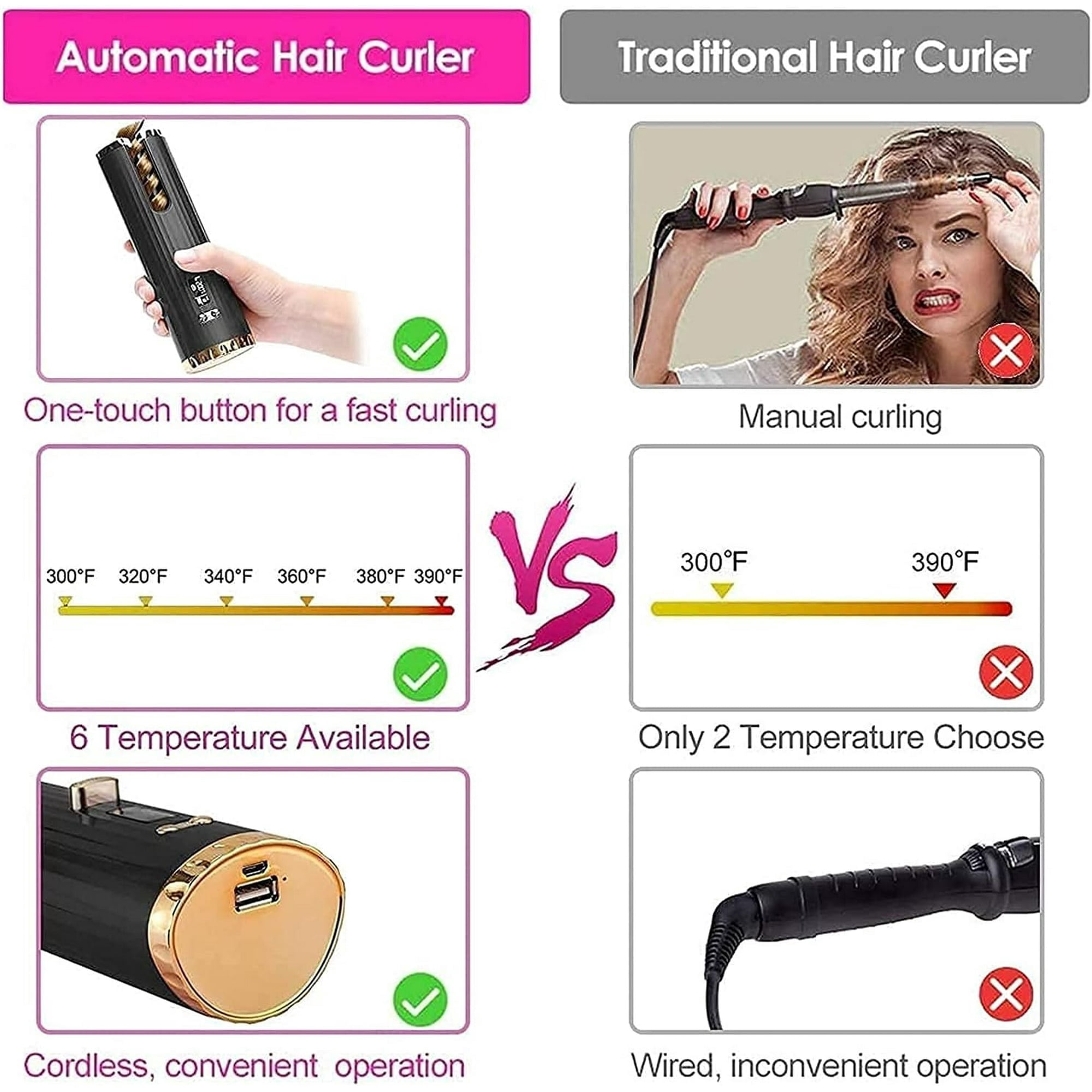 CNV Cordless Auto Hair Curler, Automatic Curling Iron with LCD Display Adjustable Temperature & Timer, Portable Rechargeable Rotating Ceramic Barrel Curling Wand Fast Heating for Hair Styling,Red