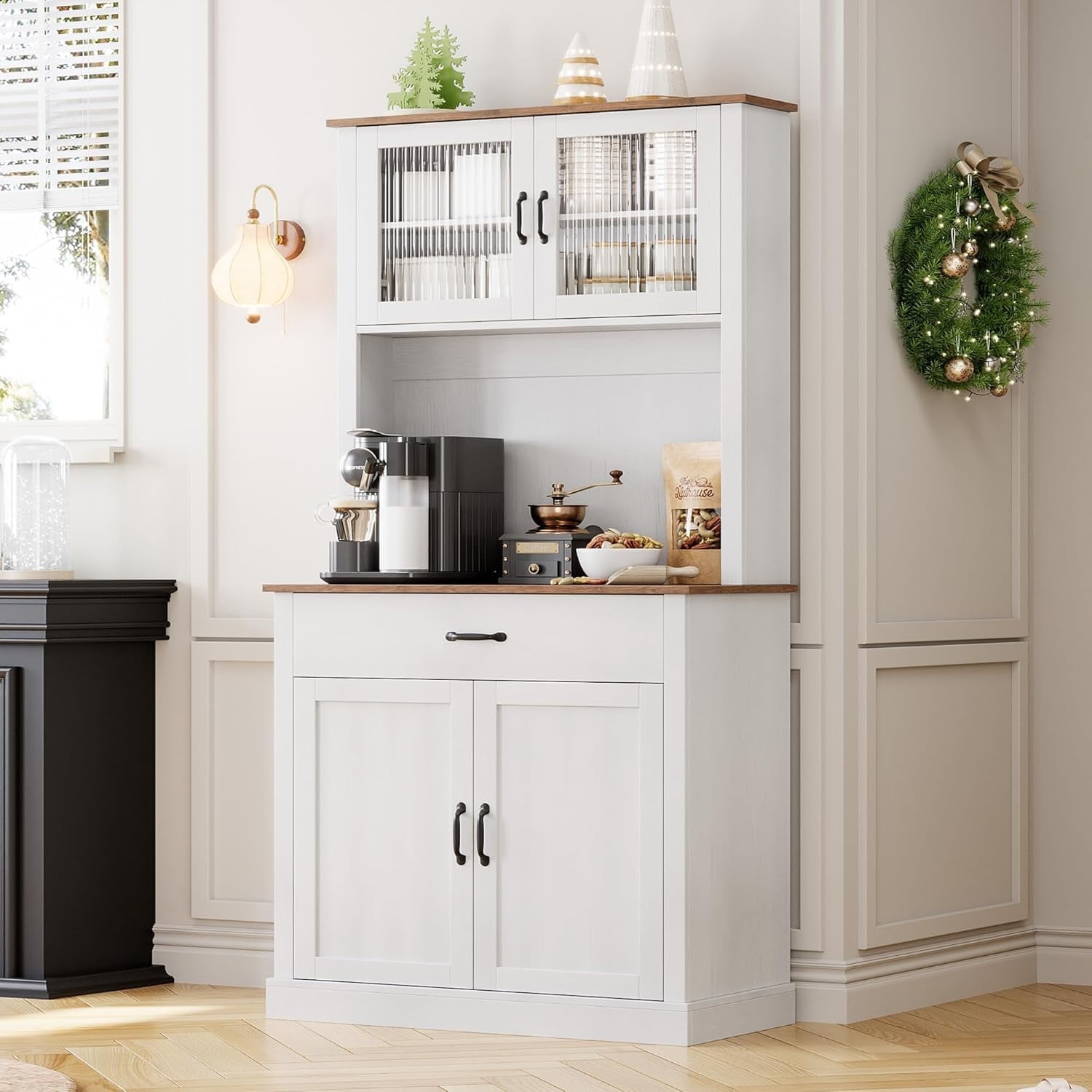 TROPOW Kitchen Pantry Cabinet, 71" Tall Kitchen Hutch Storage Cabinet with Microwave Stand, Freestanding Buffet Cabinet with Shelves and Glass Doors for Home Dining Room, White