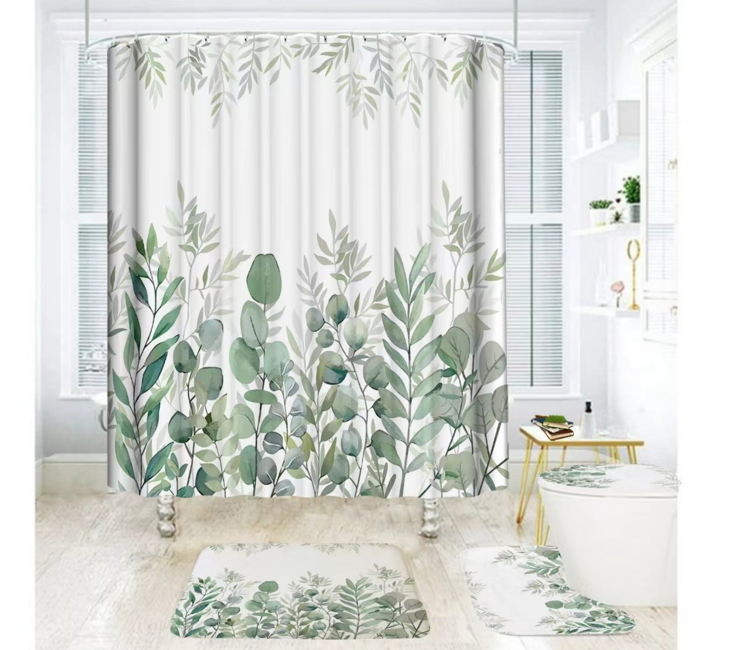 Sage Green Eucalyptus Shower Curtain and Bath Rug Set 4 Pcs Fabric Floral Bathroom Curtain Set Decor 72x72 inches
