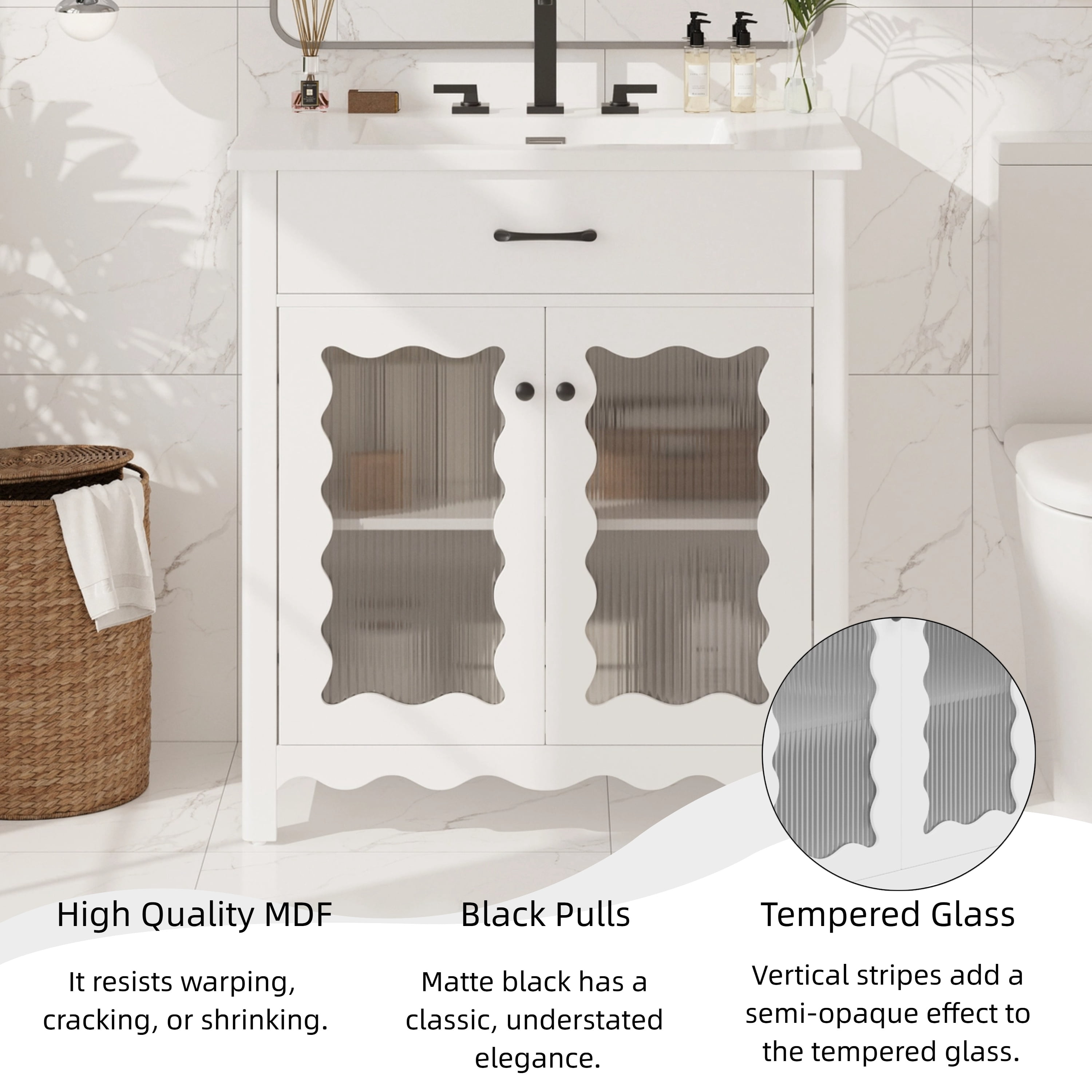 GARITIN Bathroom Vanity 31 Inch, Modern Bathroom Cabinet with Tempered Glass Doors and Rubber Wood Legs for Small Bathroom, White