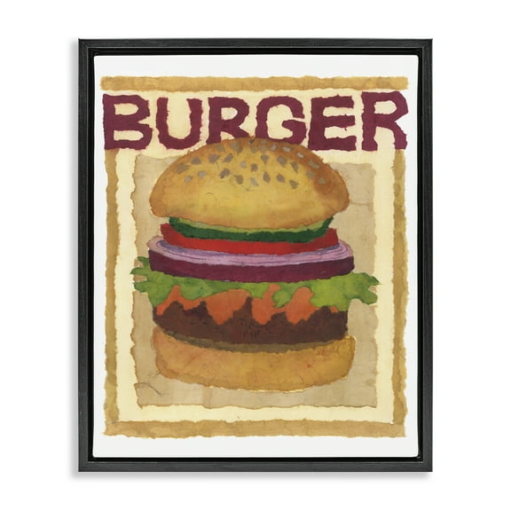 Stupell Industries Watercolor Style Burger Food & Beverage Painting Black Floater Framed Art Print Wall Art, 17 x 21