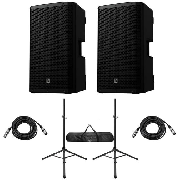 Electro-Voice ZLX-G2 15" 1000W 2-Way Bluetooth Powered Loudspeaker, Black, Pair, Bundle with Stands and Cables