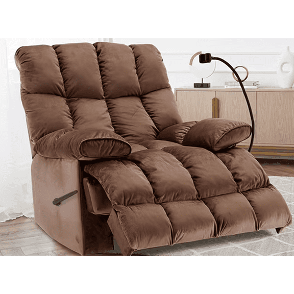 Alwalue Manual Oversized Recliner Chair Velvet Reclining Chairs Soft Overstuffed Arms and Back for Home Theater Living Room Bedroom - Brown