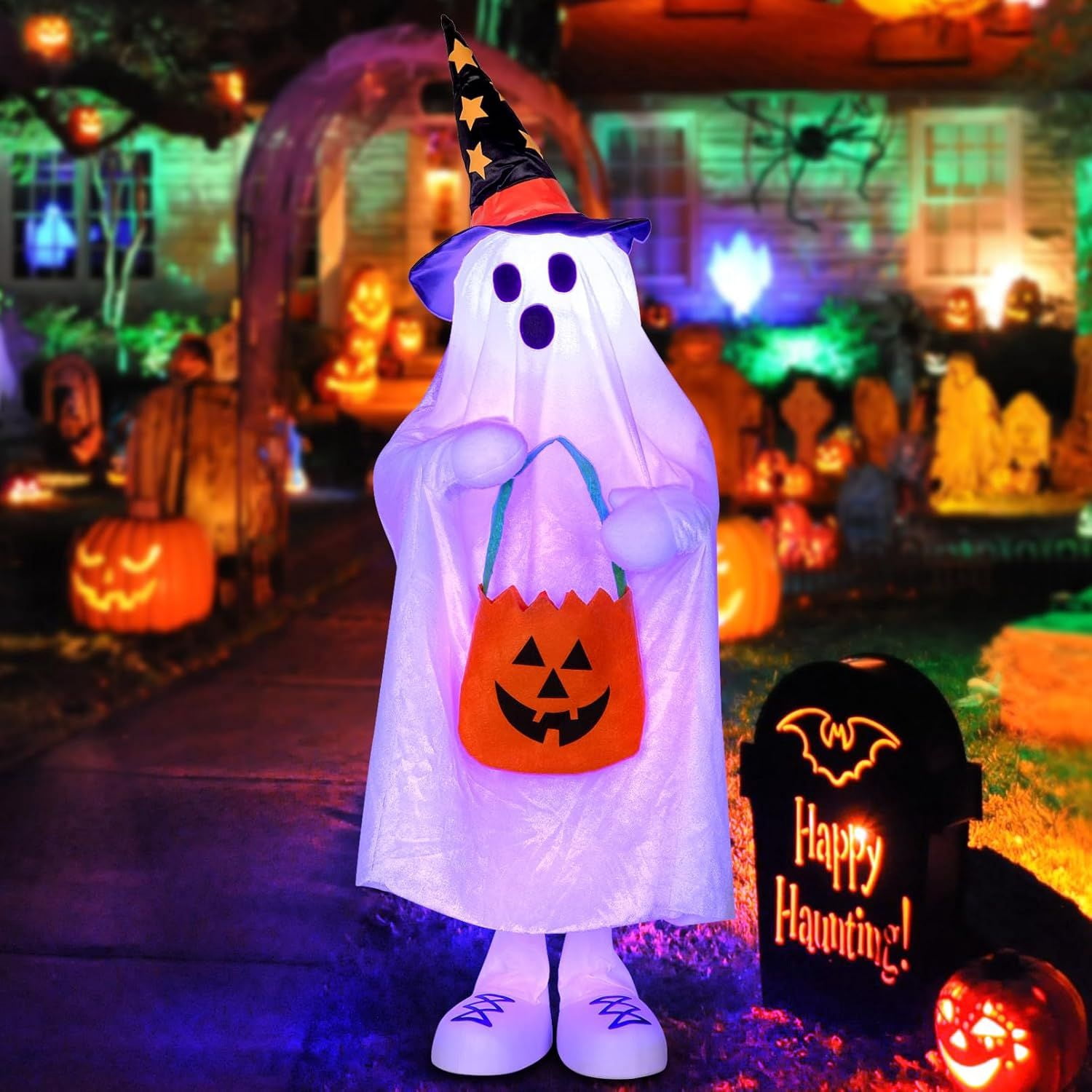 38 Inch Color Changing Ghost Decoration with Candy Pocket for Halloween Porch