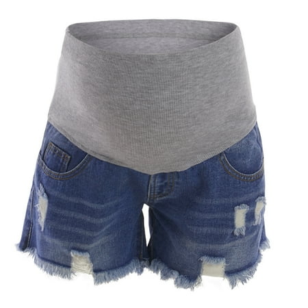 

PataPat Women Maternity Ripped Maternity Denim Belly Care Shorts （Small length）