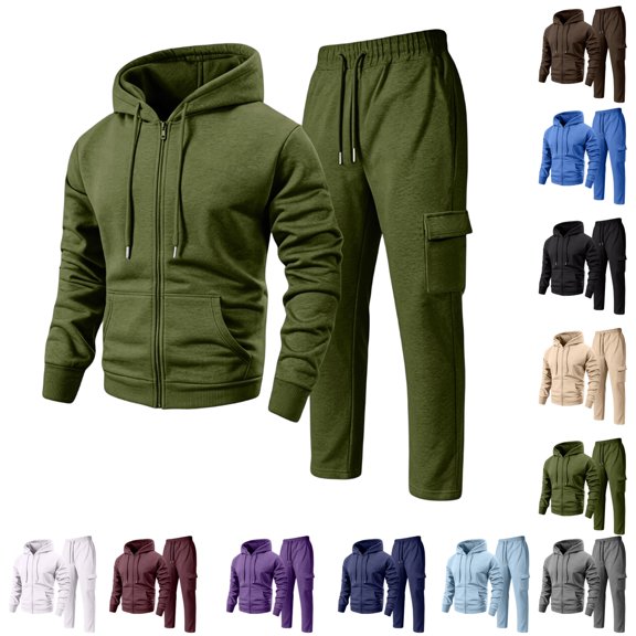 LTTVQM Mens Long Sleeve Fleece Zip Up Hooded Top And Elastic Waist Multi-Pocket Cargo Straight Pants 2 Piece All Season Casual Outfits Army Green S