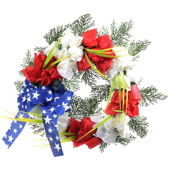 Independence Day Tulips Wreath, 17 Inch Red White Blue Artificial Flower Wreath for Door Porch Patriotic Wreath Decoration