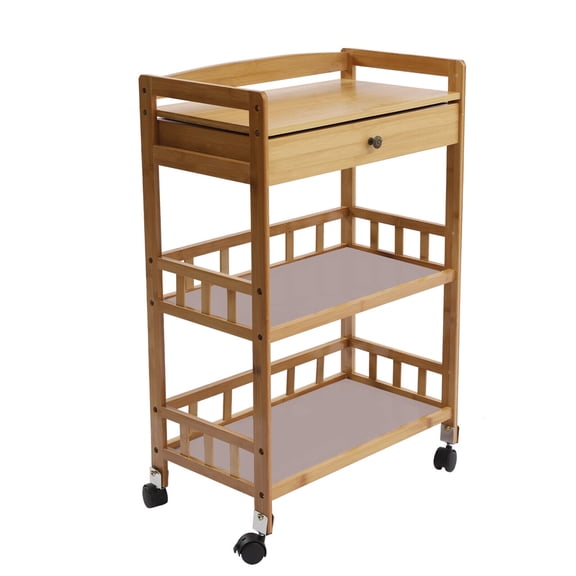 3-Tier Serving Cart with Drawer, Rolling Kitchen Cart Mobile Cart Bamboo Island Trolley Cart with Wheels & 1 Drawer, Bamboo Kitchen Storage Rack, for Restaurant, Home, Beauty Salon