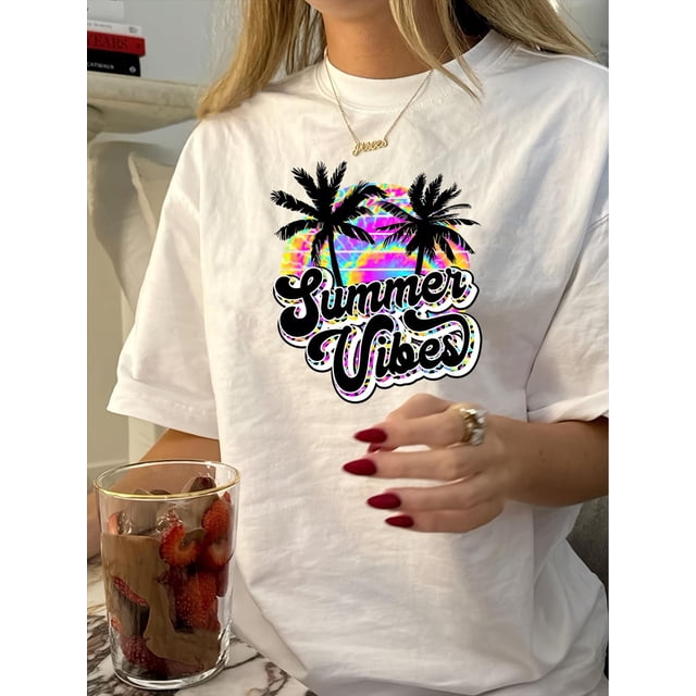 Camiseta con estampado retro de verano para mujer: camiseta informal de manga corta con cuello redondo y diseño de palmera vibrante. Mezcla de algodón lavable a máquina para un look divertido y festiv