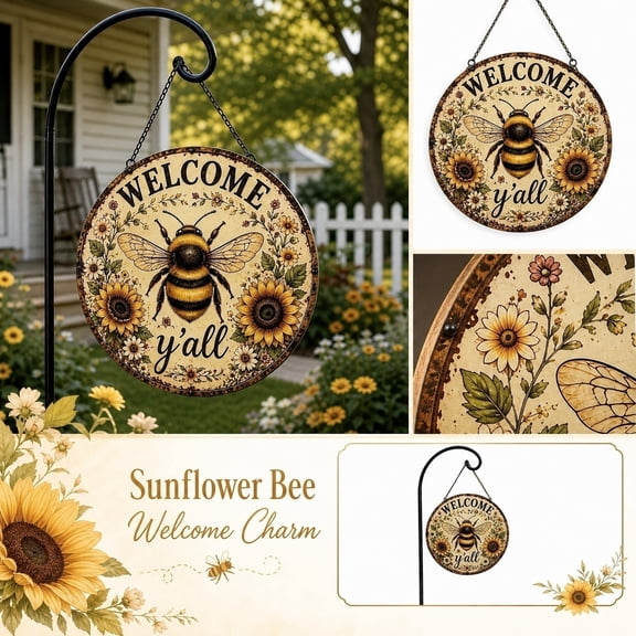 Welcome Sign for Front Porch, Summer Front Door Decor, Bumble Decor, Porch Decorations Outdoor, 10 Inch Diameter Circular Vintage Sunflower Hanging Plaque for Indoor and Outdoor