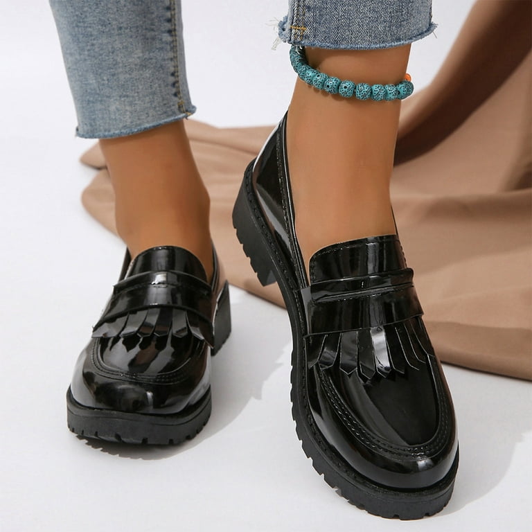 KIJBLAE Women s Patent Leather Loafers Platform Fringe Penny Slip On Chunky Heels Flats Shoes Black 36 Walmart