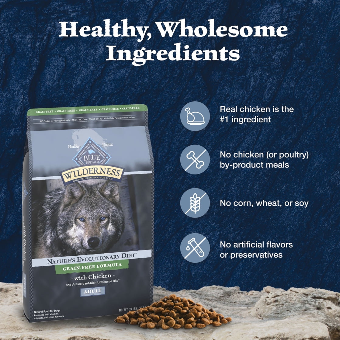 Blue Buffalo Wilderness Adult High-Protein Dry Dog Food Grain-Free, Chicken, 24-lb. Bag
