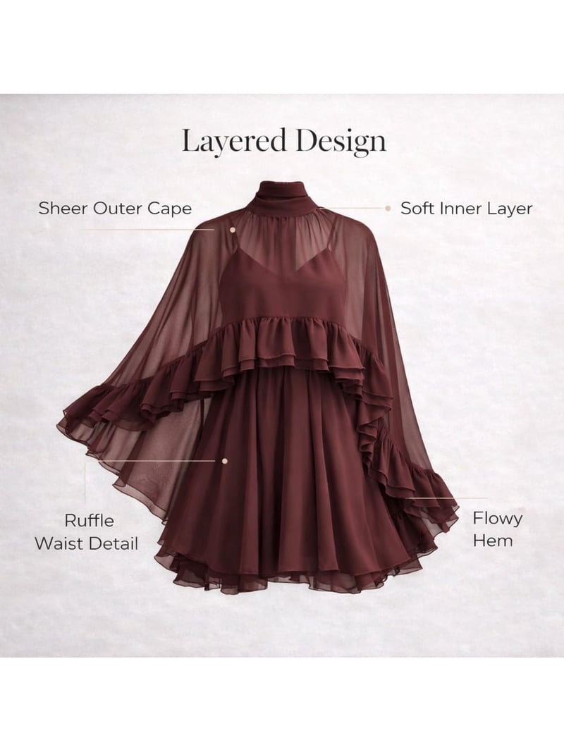 Women's Semi Sheer Chiffon Ruffle Dress with Outer Cape, Poncho Sleeve  Flowy Mini Dress, Loose Fit Elegant Summer Dress - Walmart.com