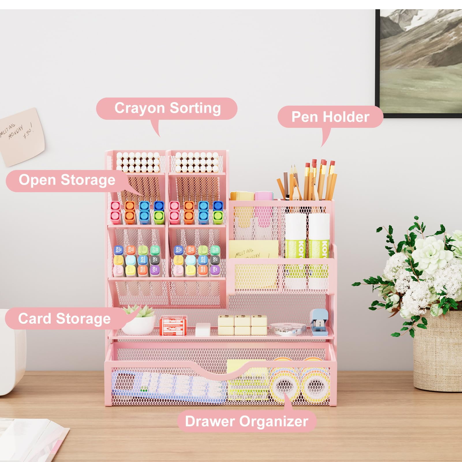 Marbrasse Mesh Pen Holder for Desk, Desk Organizer with Drawer, Multi-Functional Pencil Organizer, Accessories for Office Art Supplies (Pink)