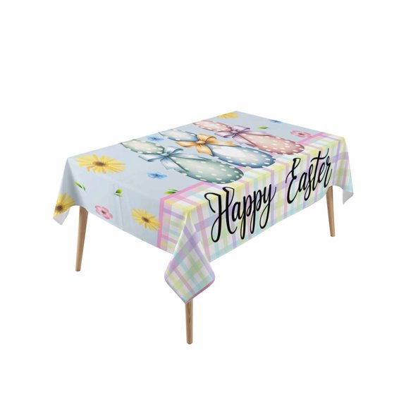 Easter Bunny Table Cloth, Waterproof Tablecloth for Rectangle Tables, Spring Watercolor Polka Dot Flower Plaid Blue Reusable Washable Fabric Table Cover for Restaurant Kitchen Dining Tables 54"x108"