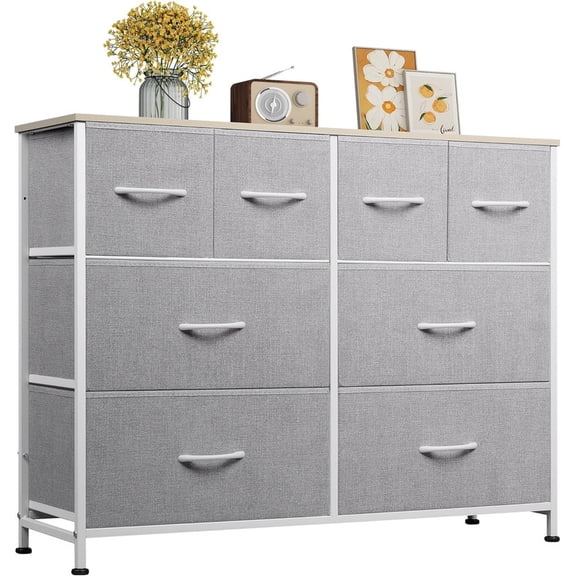 Bigleap 8-Drawer Wide Dresser for Bedroom, Large Fabric Storage Tower for Living Room, Closet & Entryway Organization,Light Gray