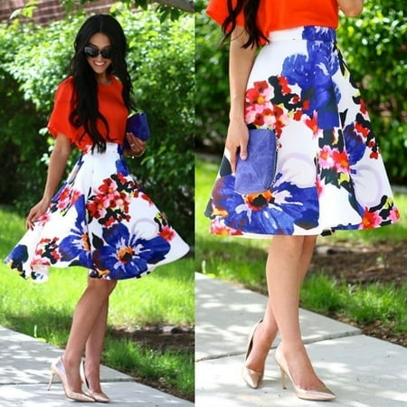 - Women Fashion A Line Floral High Waist Flared Party Long Dress Sundress Skirt