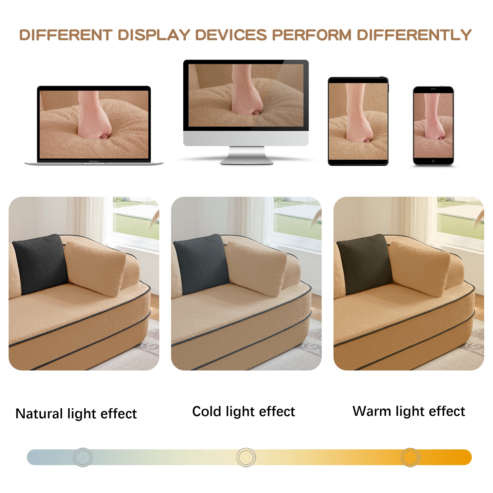 135" 4-Seat Teddy Fabric No Assembly 32D High Density sponge Boneless Sofa Fluffy Comfy Couch,Oversize sofa,Contrast color design,Symmetrical aesthetics,for Living Room,Camel