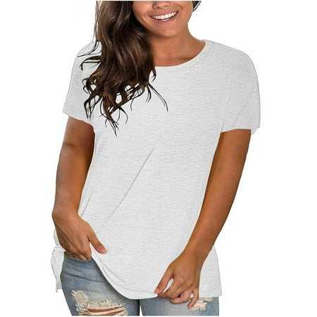 JUUYY Plus Size Tops for Women Cute Short Sleeve Solid Color Round Neck Basic Workout Tees Shirt Loose Oversized Comfy Pullover Blouse White XL