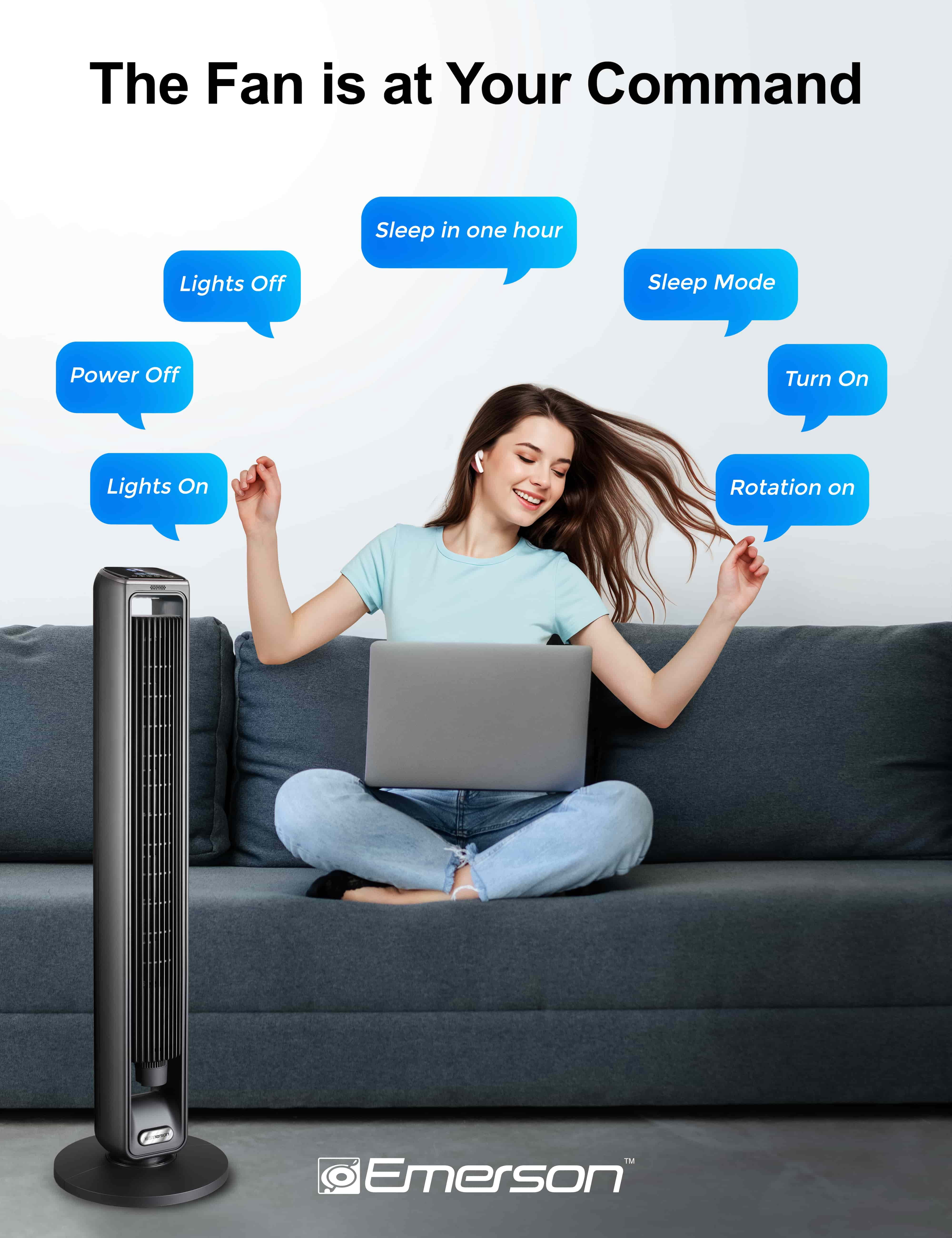 Emerson SmartVoice 42" Bladeless Tower Fan – 3-Speed Oscillating Fan with Offline Voice Control, 15-Hour Timer, Sleep Mode, Aroma Diffuser, Remote
