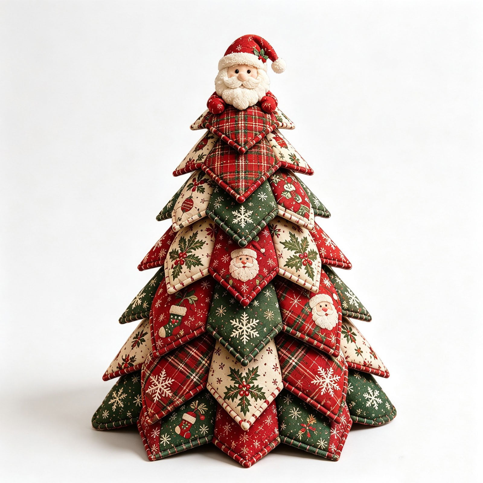 DIY Quilted Christmas Tree Kit Handmade Fabric Tabletop Decor with Santa Claus Topper 7.87 Inch Craft Christmas Decorations for Desk Room Accent Holiday Christmas Gifts