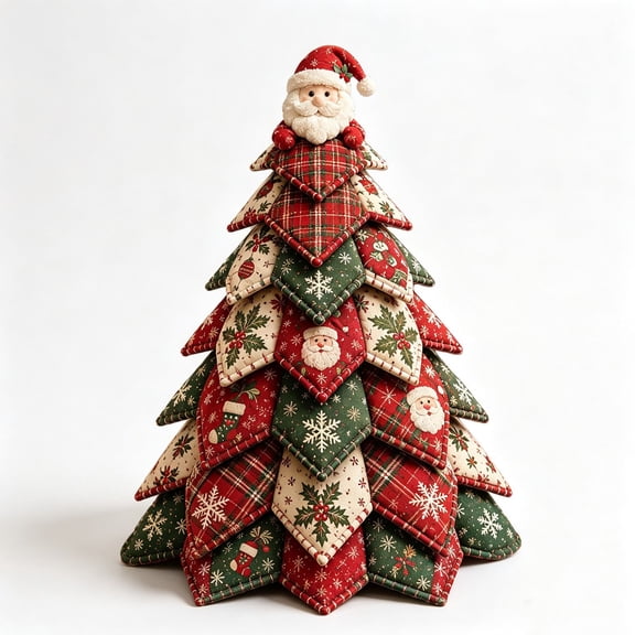 Christmas Patchwork Fabric Tree DIY Craft Kit,Plaid Quilted Tabletop Mini Tree Making Set With Doll Topper,Handmade Decor For Mantel,Table,Winter Holiday Home Decor A-Santa Claus