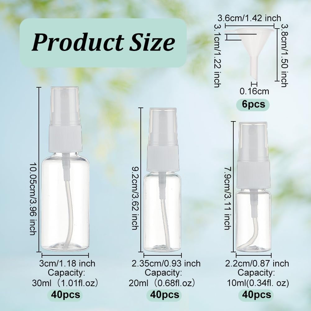 120pcs White Plastic Travel Spray Bottles with 6pcs Plastic Funnels 0.3oz/10ml 0.7oz/20ml 1oz/30ml Mini Clear Spray Bottles Refillable Liquid Travel Containers for Lotion Carry for DIY