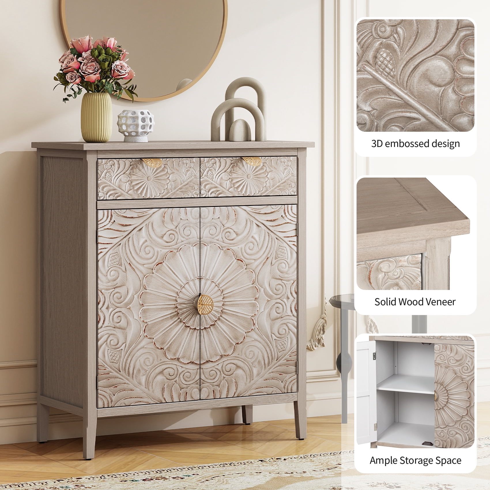 Hand-Carved Floral Embossed Wooden Accent Cabinet with Drawer & Double Doors, Golden Leaf Hollow Handles, Anti-Tip & Non-Slip Design, Storage Sideboard for Entryway Living Room