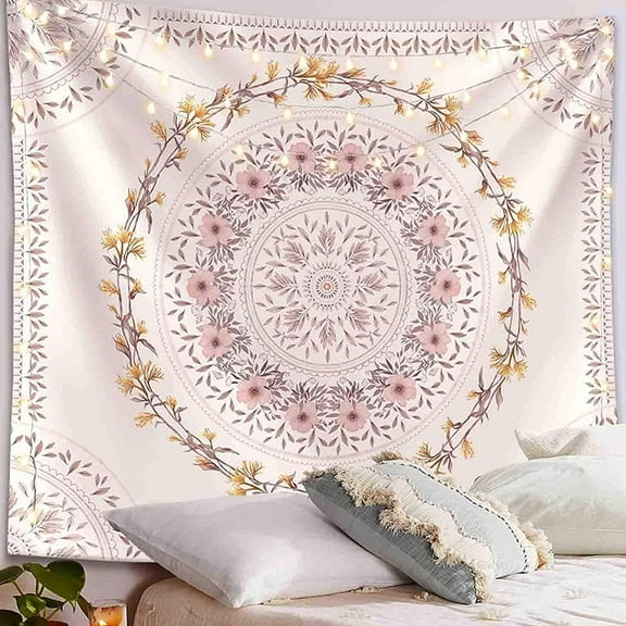 Orange Bohemian Tapestry Wall Hanging, Mandala Floral Medallion Hippie Tapestry with Light Brown Aesthetic Wreath Design, Cream Wall Decor Blanket for Bedroom Home Dorm
