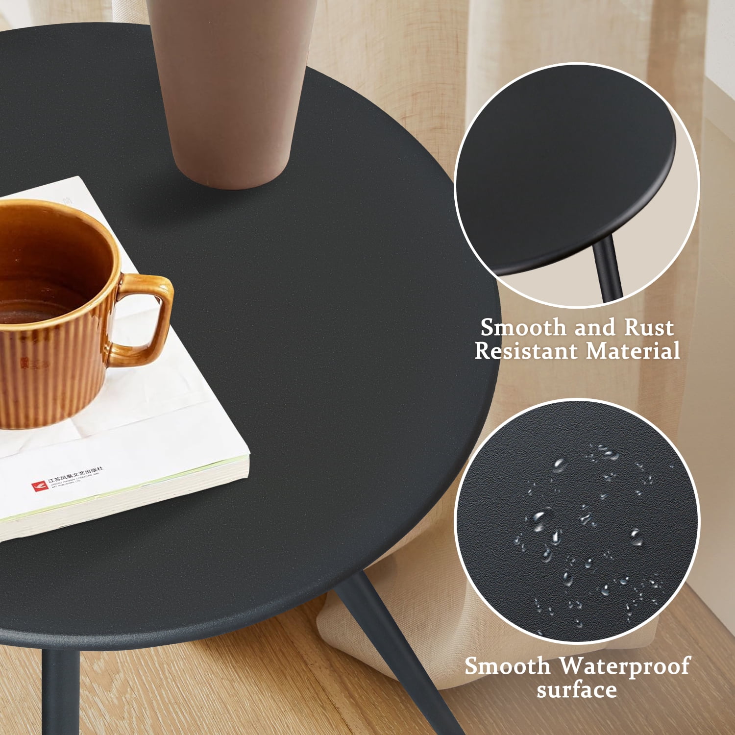 CERBIOR Round Side Table, End Table for Indoor & Outdoor Use, Small Side Tables for Small Spaces All Matte Black
