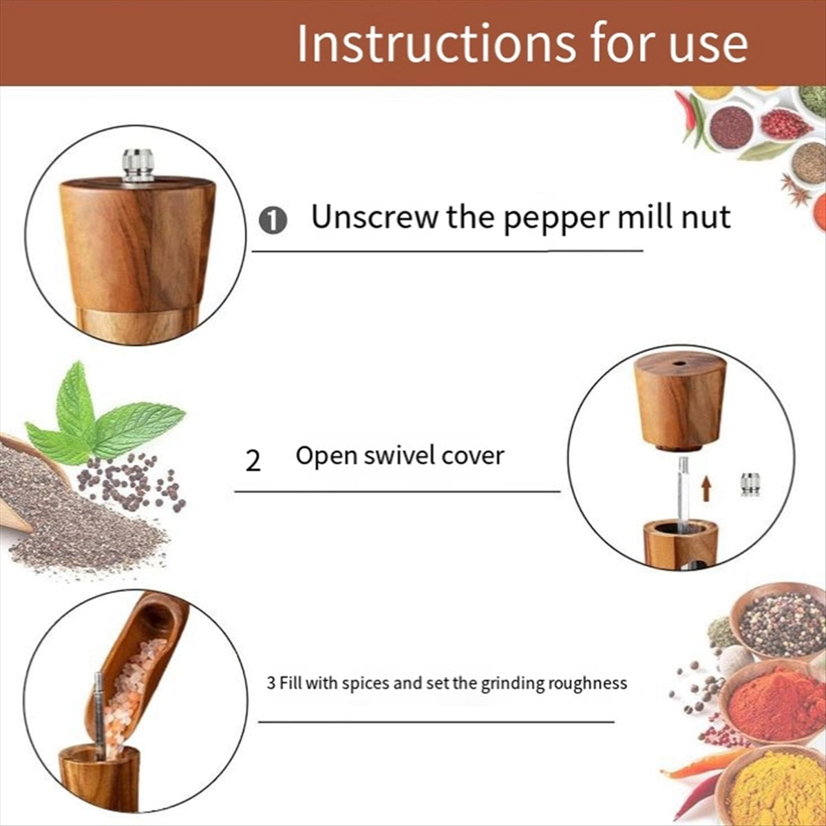 Pepper Mill Wood Salt and Pepper Mill Manual Salt Mill Spice Mill with Adjustable Ceramic Grinder for Pepper Salt Spices