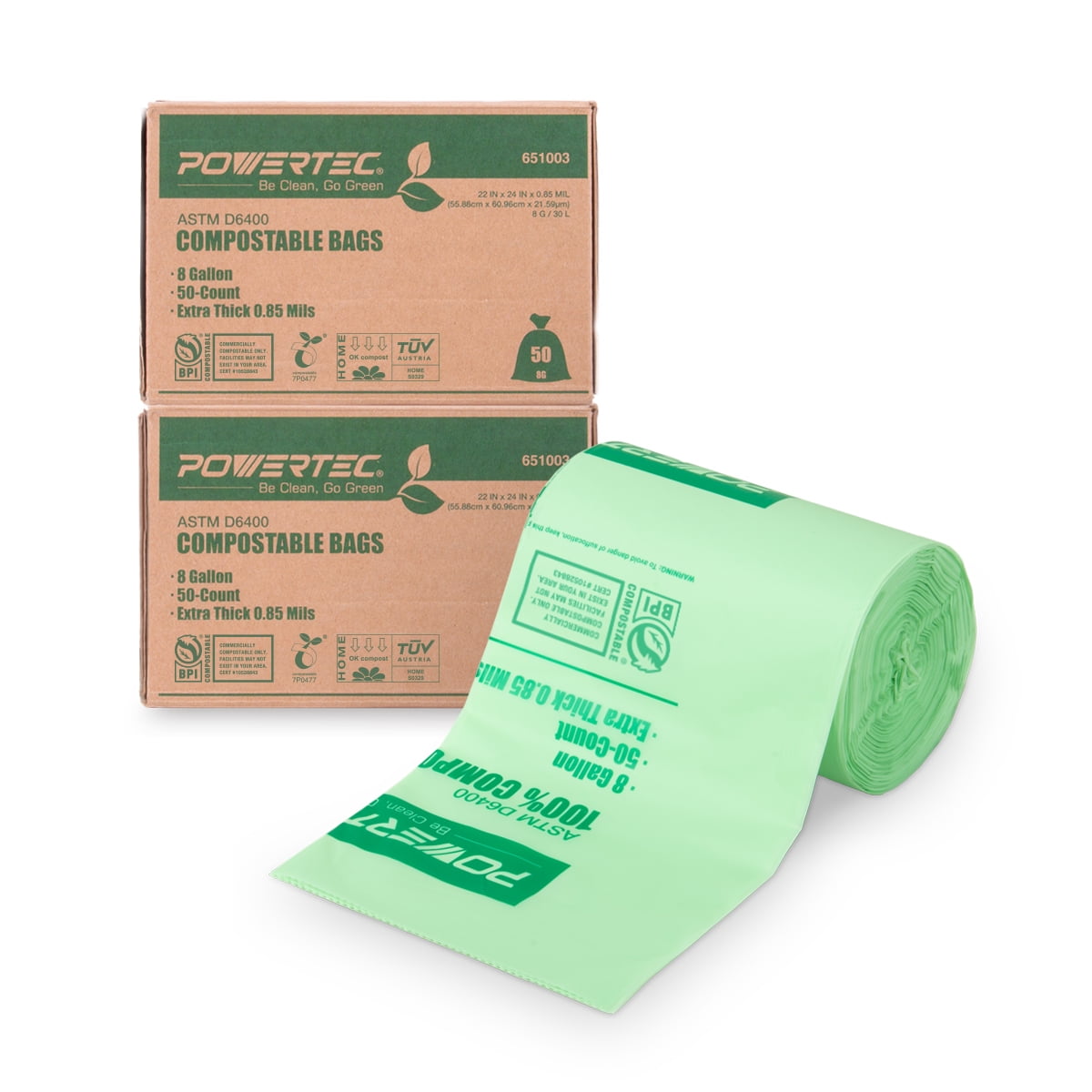 POWERTEC 8 Gallon Compostable Trash Bags, 30 Liter, 100 Count, Extra Thick (0.85 Mil), Kitchen Scrap Waste Bag, 651011