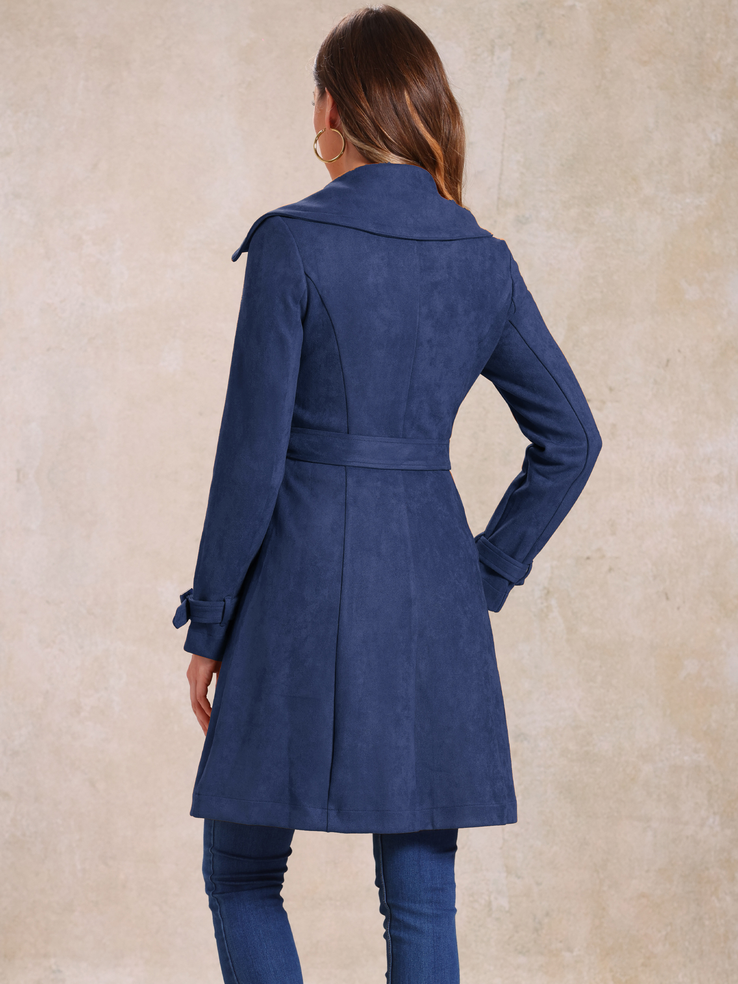 DARING DIVA Women's Strap Cuff Solid Double Breasted Tie Belt Trench Coats Dark Blue L